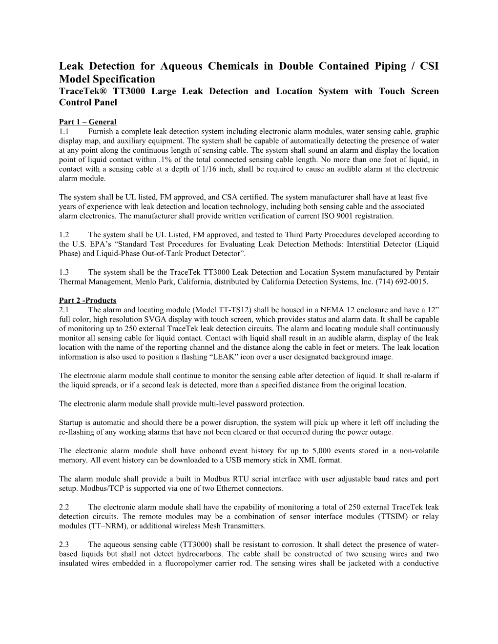 Leak Detection for Fuel and Water in Double Contained Piping / CSI Model Specification