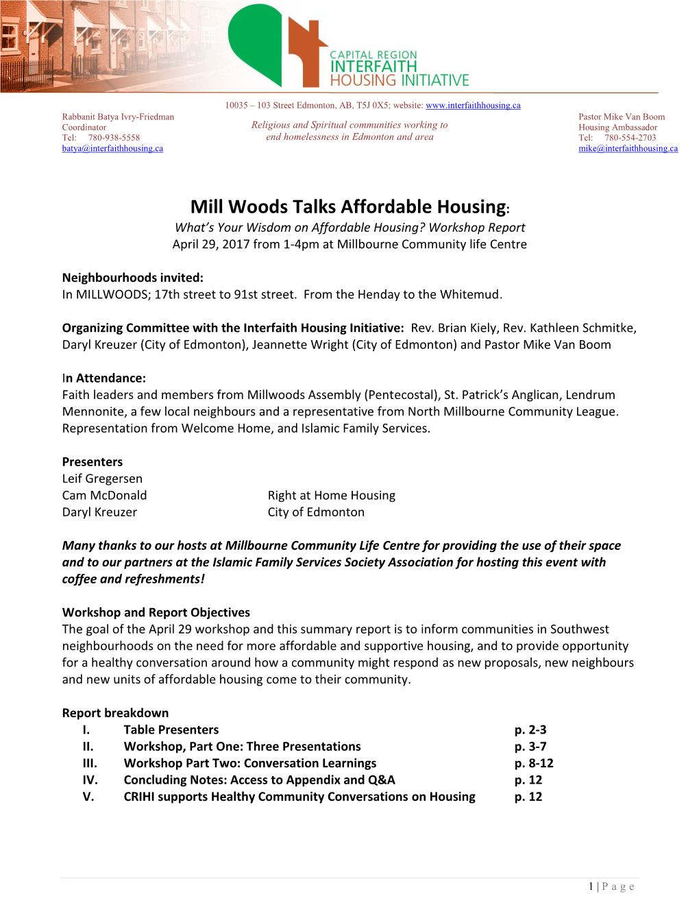 Mill Woods Talks Affordable Housing: What’S Your Wisdom on Affordable Housing? Workshop Report April 29, 2017 from 1-4Pm at Millbourne Community Life Centre