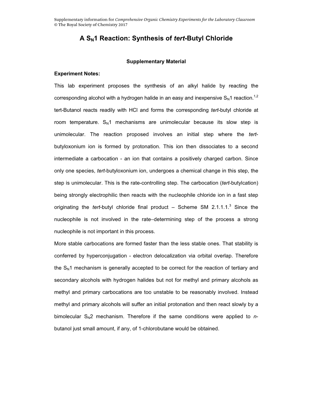 A SN1 Reaction: Synthesis of Tert-Butyl Chloride