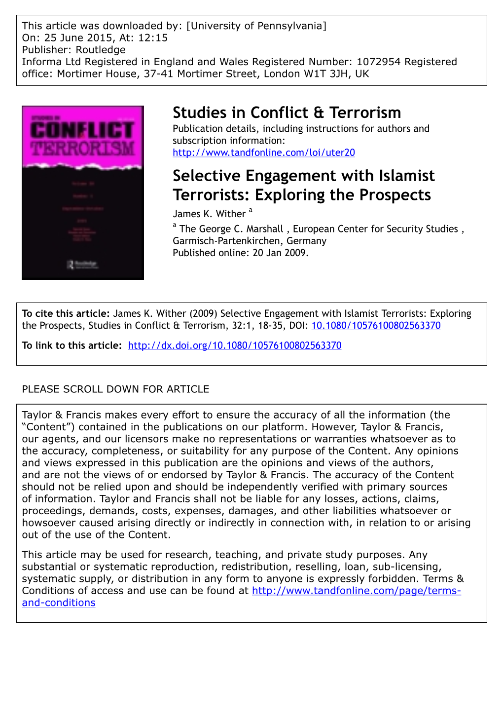 Selective Engagement with Islamist Terrorists: Exploring the Prospects James K