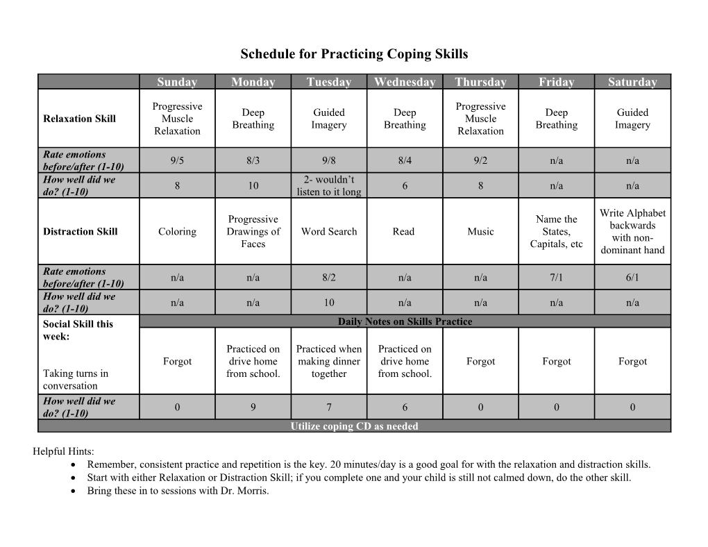 Schedule for Practicing Coping Skills