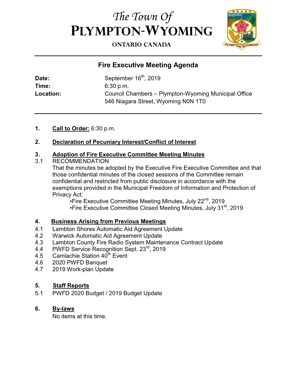 Fire Executive Agenda