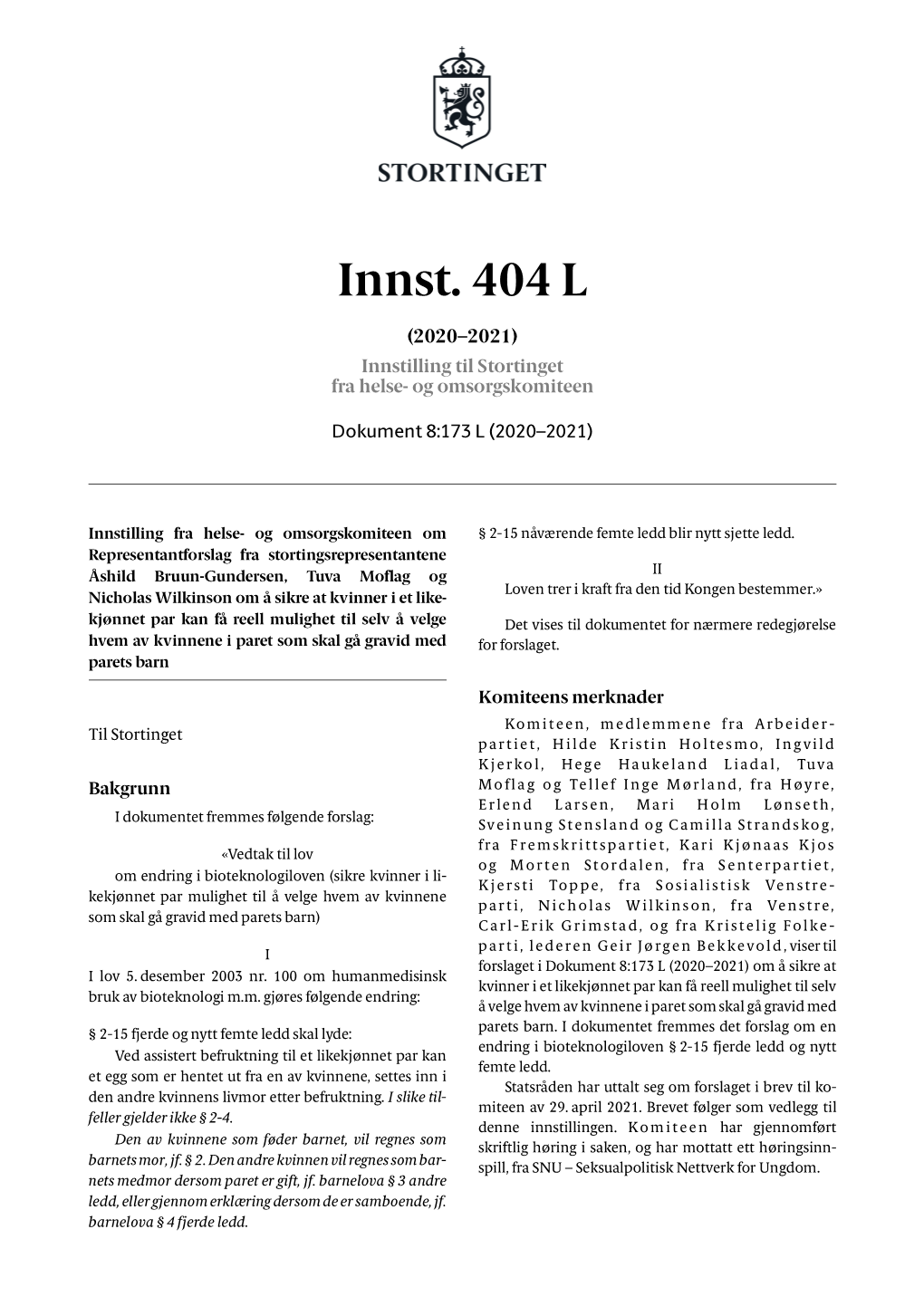 Innst. 404 L (2020–2021) Innstilling Til Stortinget Fra Helse- Og Omsorgskomiteen