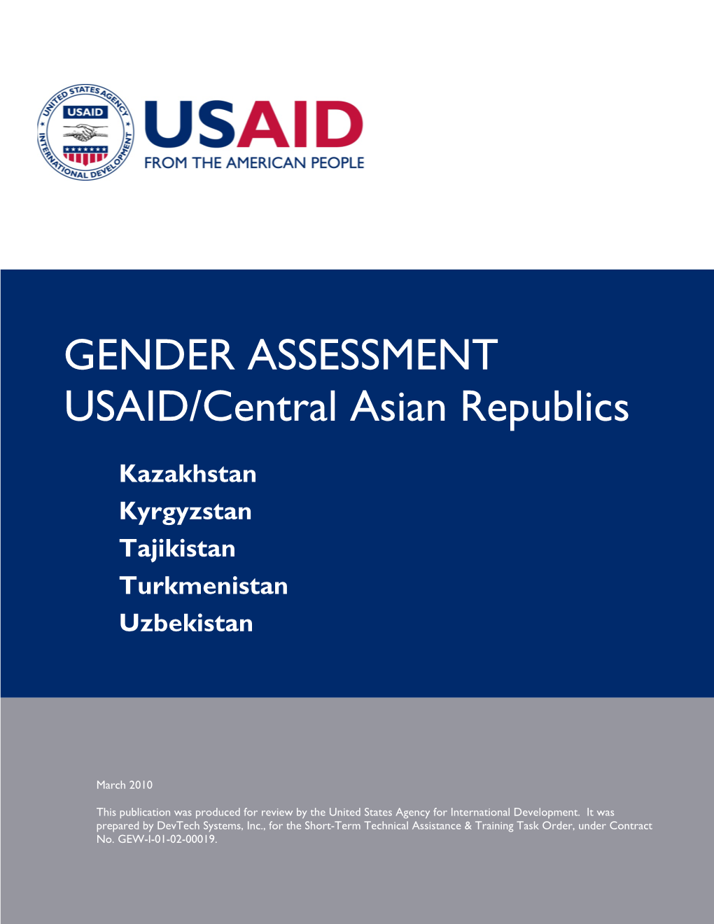 Gender Assessment, USAID/Central Asian Republics