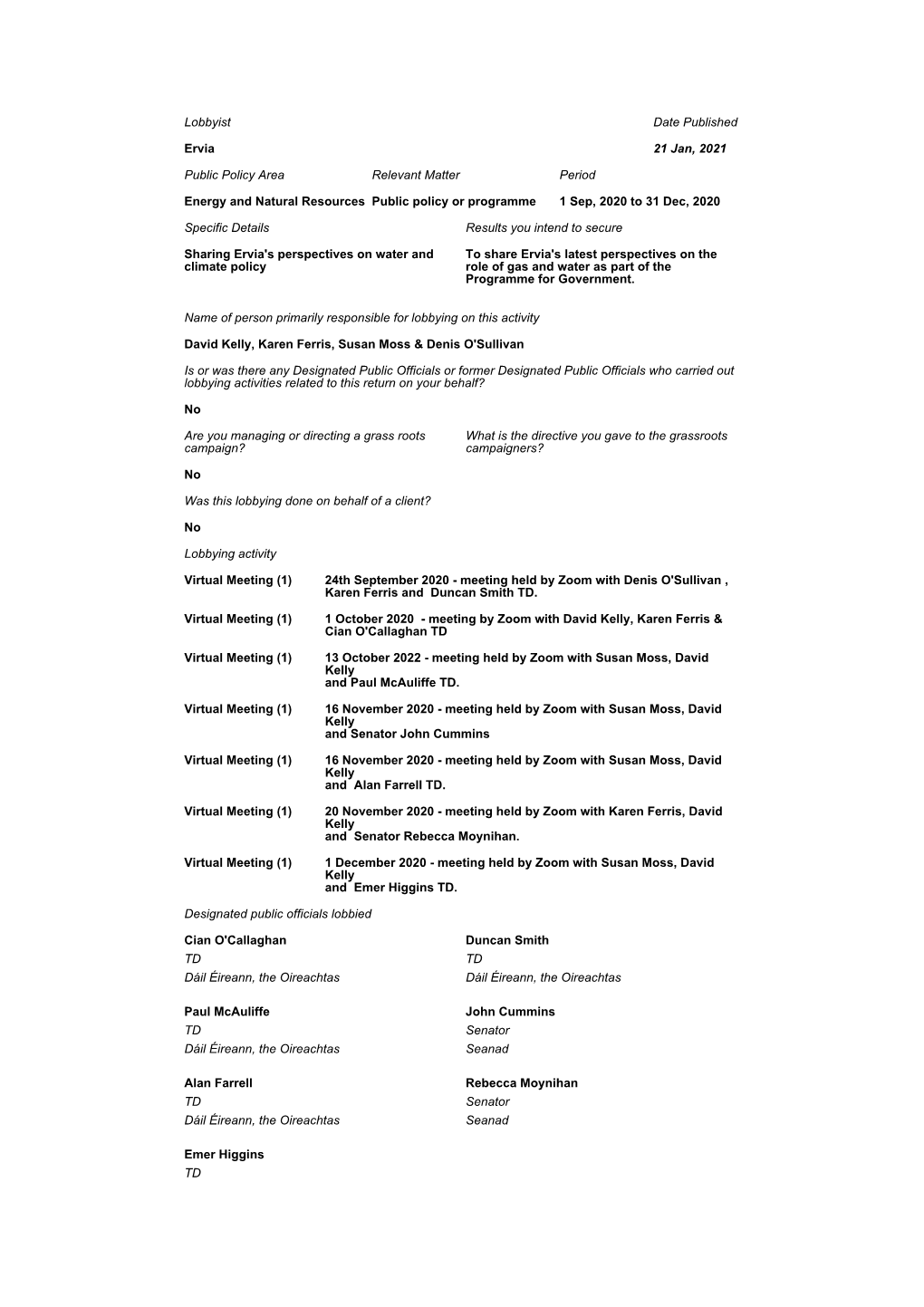 Lobbyist Date Published Ervia 21 Jan, 2021 Public Policy Area