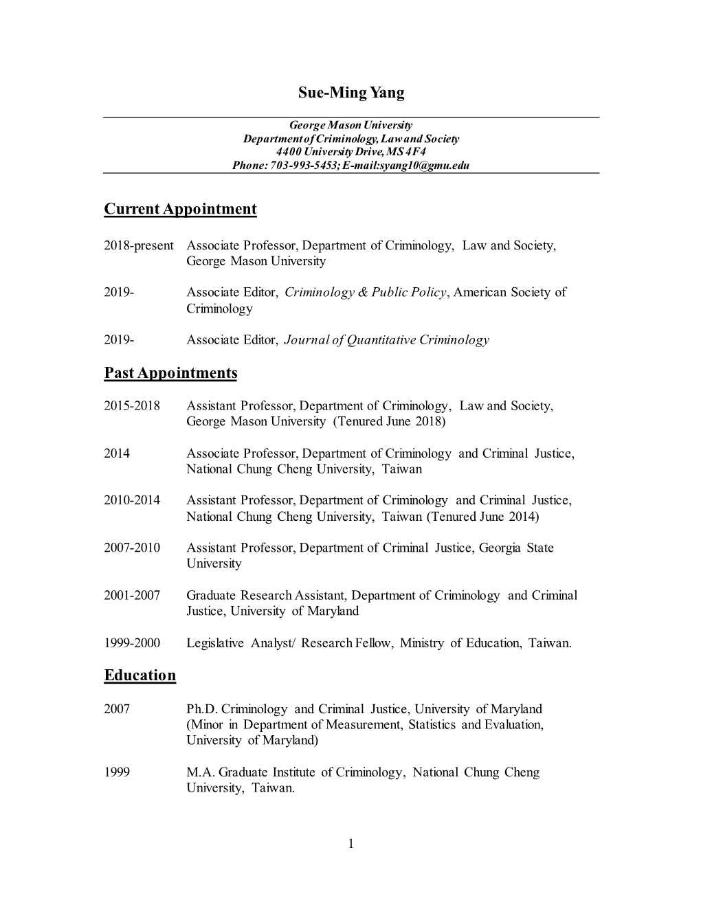 Sue-Ming Yang Current Appointment Past Appointments Education