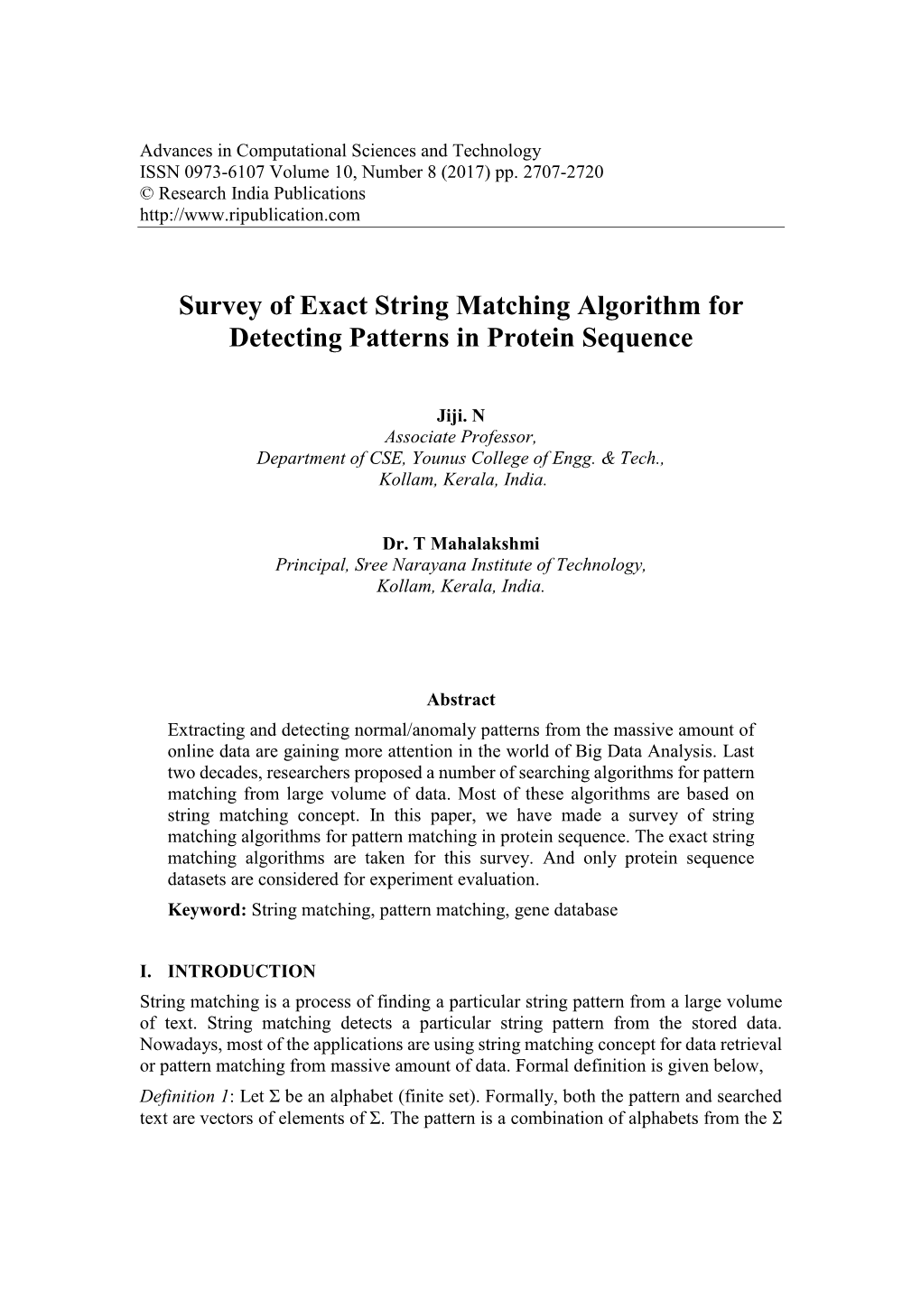 Survey of Exact String Matching Algorithm for Detecting Patterns in Protein Sequence