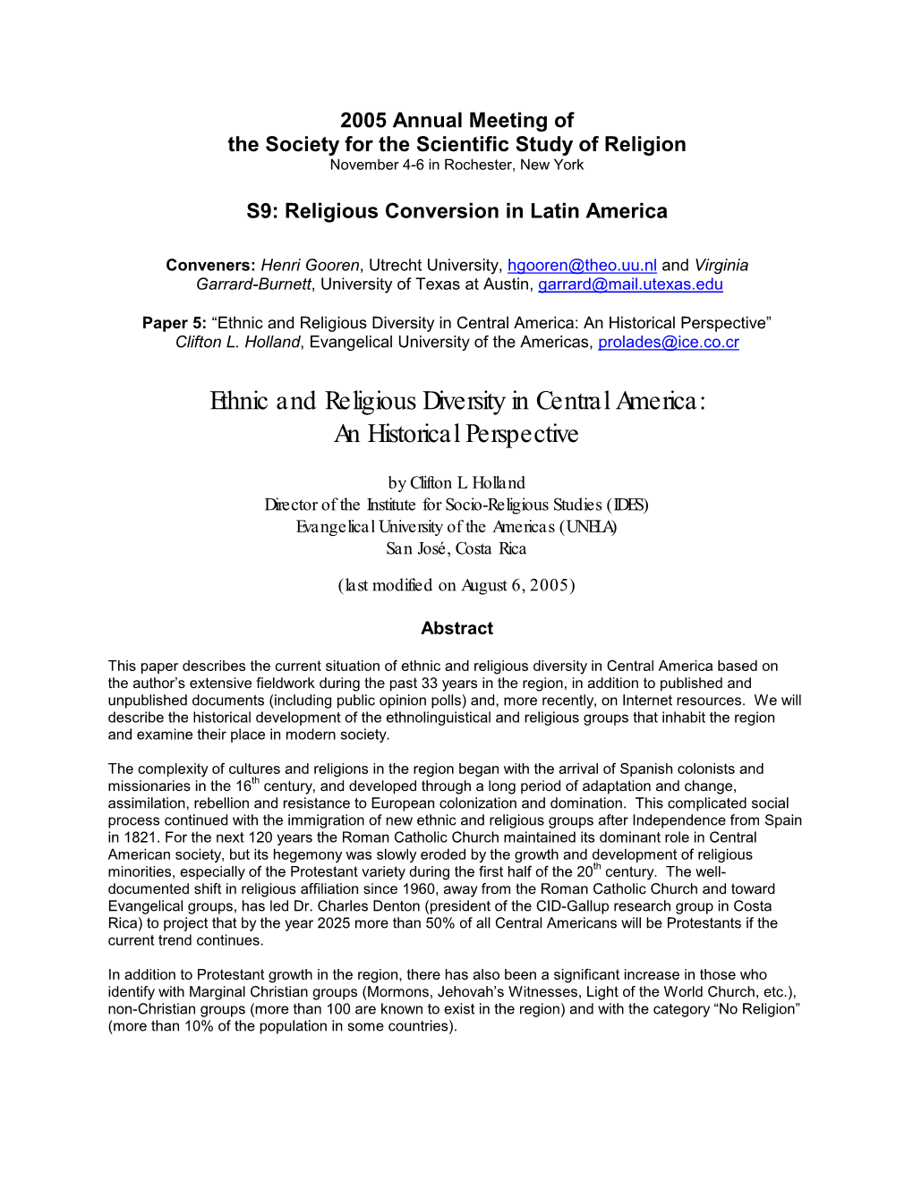 Ethnic and Religious Diversity in Central America: an Historical Perspective” Clifton L