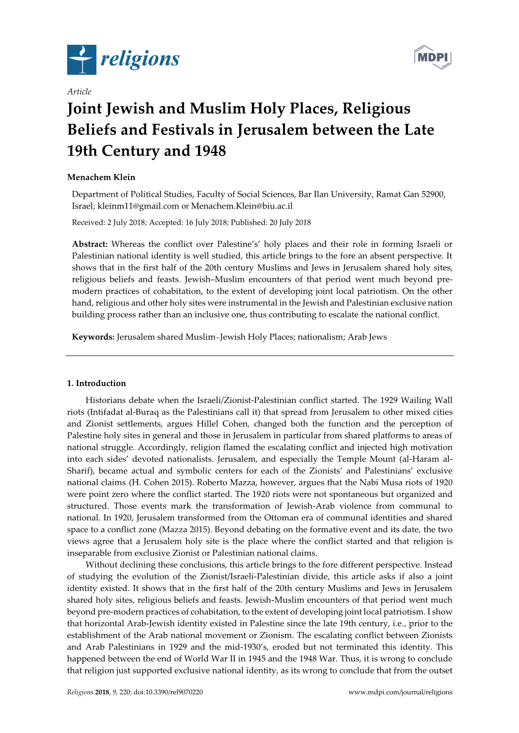 Joint Jewish and Muslim Holy Places, Religious Beliefs and Festivals in Jerusalem Between the Late 19Th Century and 1948