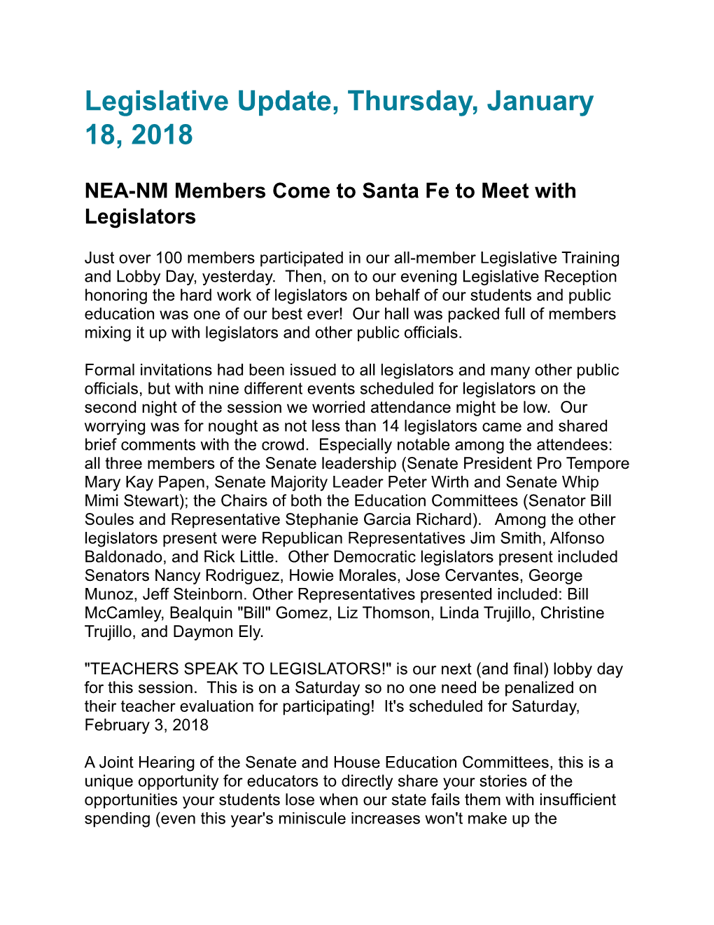 Legislative Update, Thursday, January 18, 2018