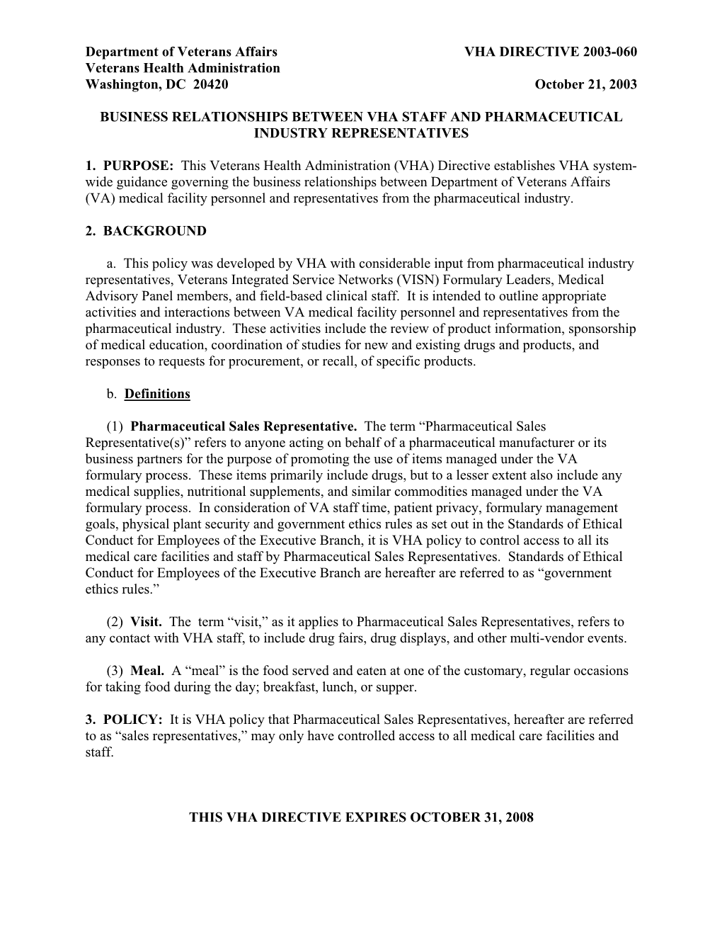 VHA Dir 2003-060, Business Relationships Between VHA Staff