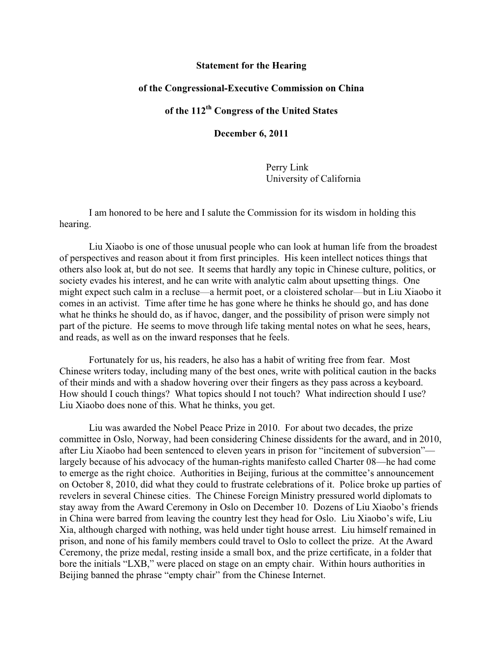 Statement for the Hearing of the Congressional-Executive