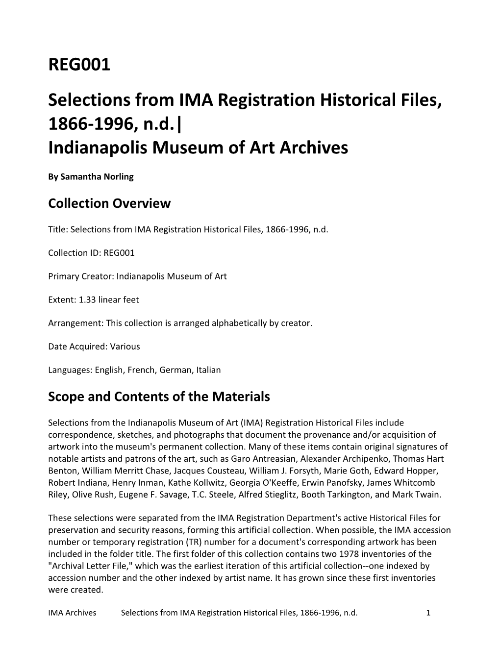 REG001 Selections from IMA Registration Historical Files, 1866-1996, N.D.| Indianapolis Museum of Art Archives