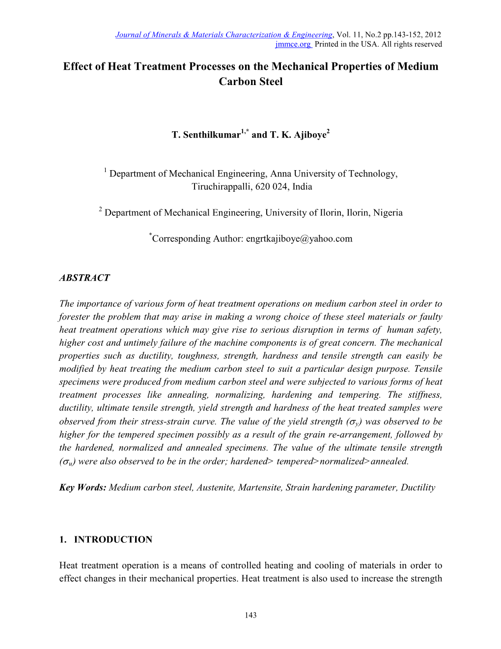 Effect of Heat Treatment Processes on the Mechanical Properties of Medium Carbon Steel