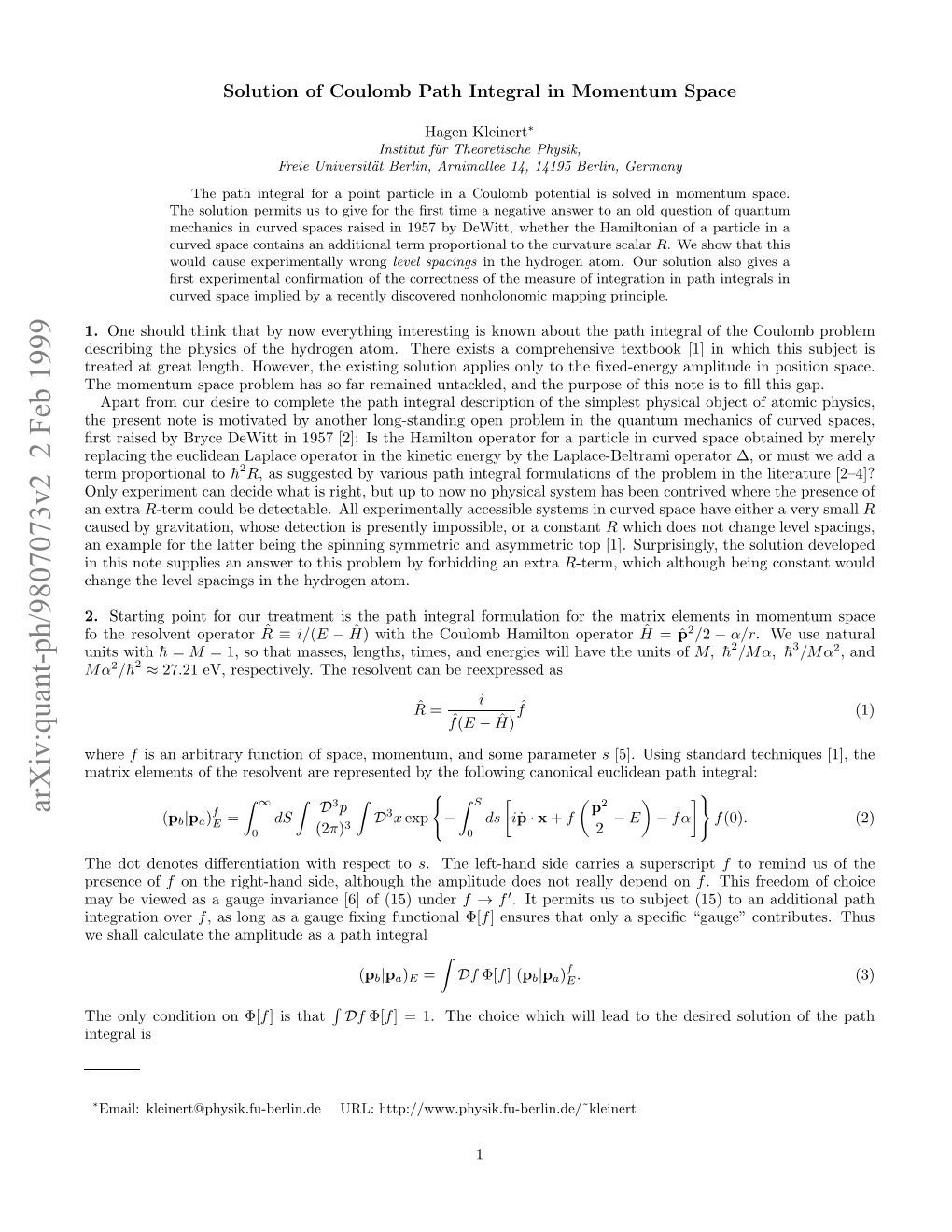 Solution of Coulomb Path Integral in Momentum Space