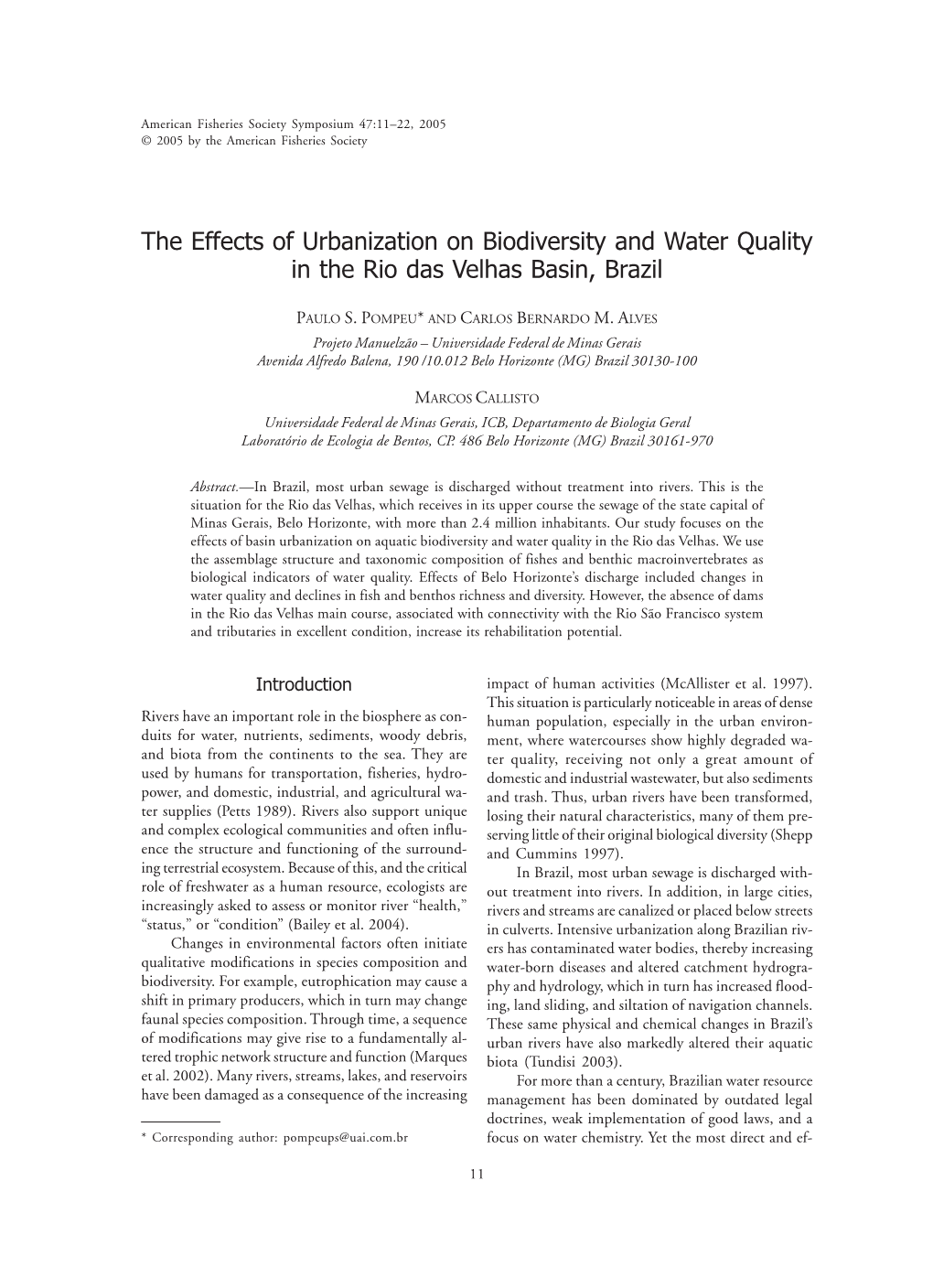The Effects of Urbanization on Biodiversity and Water Quality in the Rio Das Velhas Basin, Brazil