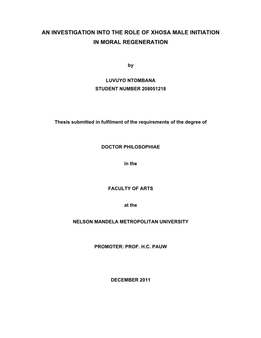 An Investigation Into the Role of Xhosa Male Initiation in Moral Regeneration