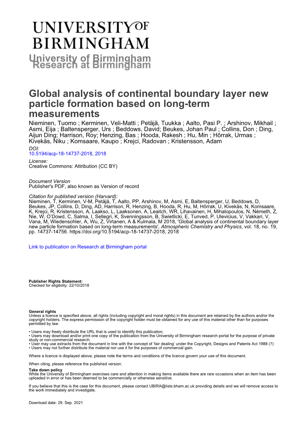 Global Analysis of Continental Boundary Layer New Particle Formation Based on Long-Term Measurements