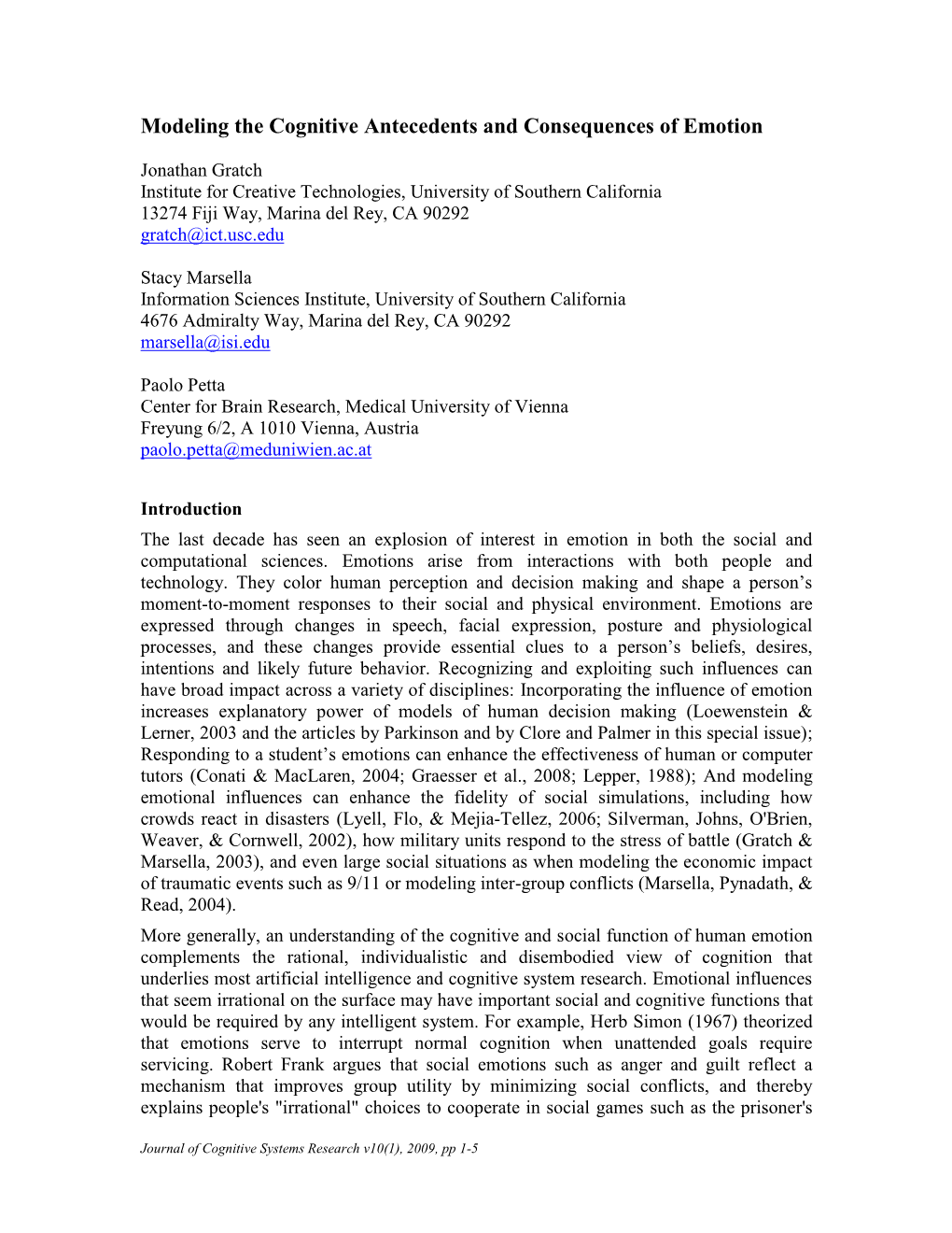 Modeling the Cognitive Antecedents and Consequences of Emotion