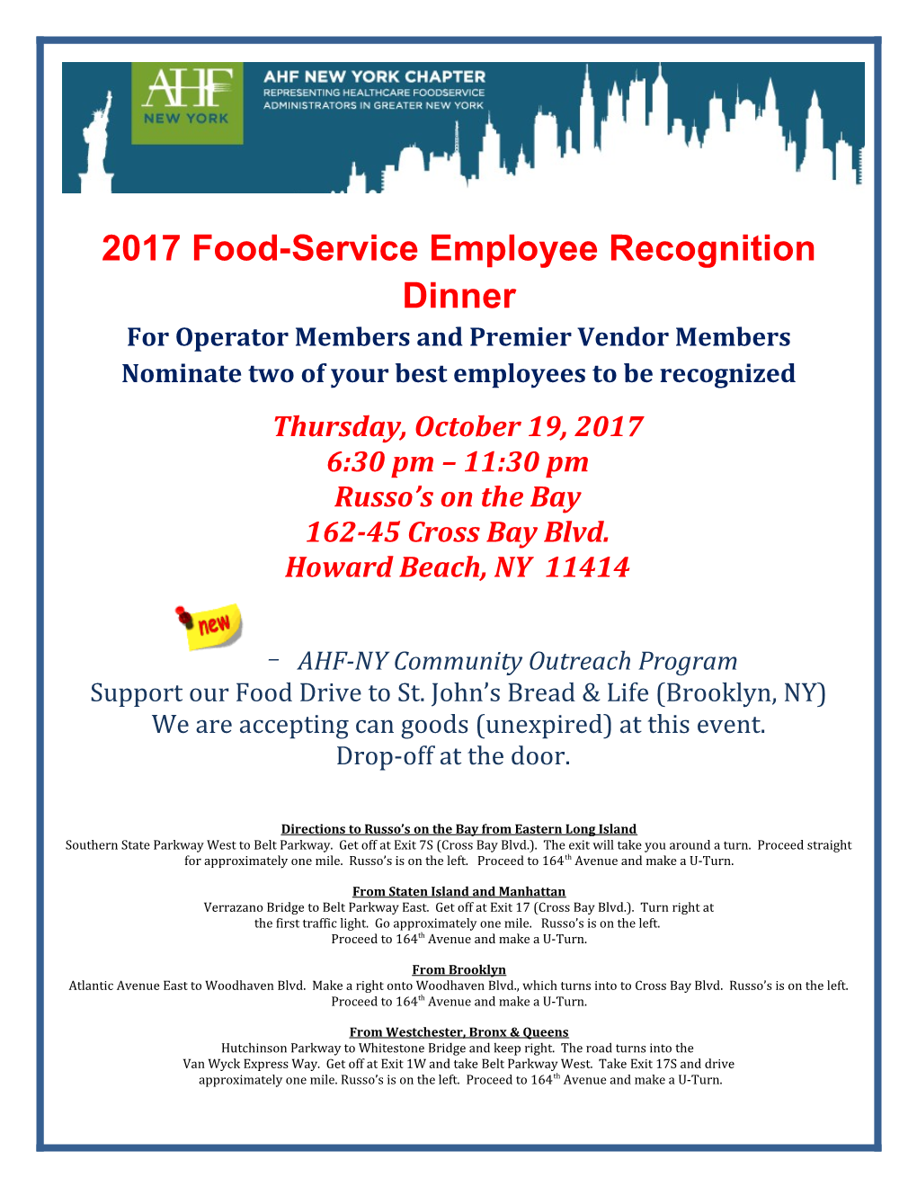 2017 Food-Service Employee Recognition Dinner for Operator Members and Premier Vendor