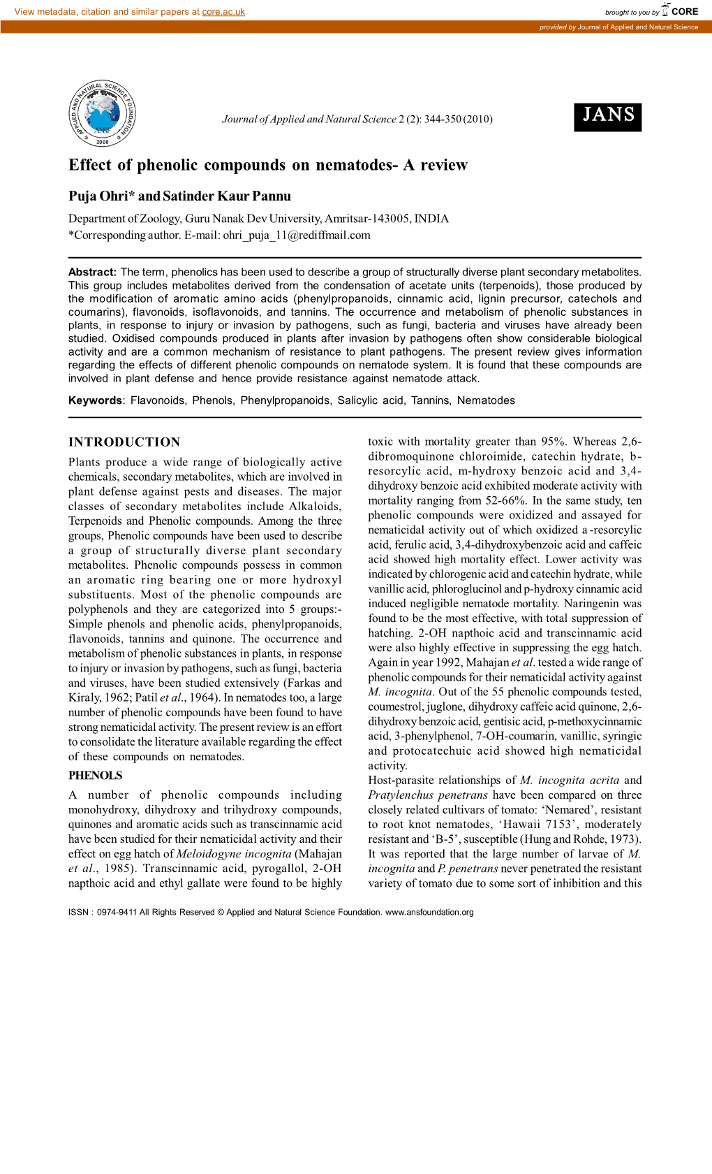 Effect of Phenolic Compounds on Nematodes- a Review