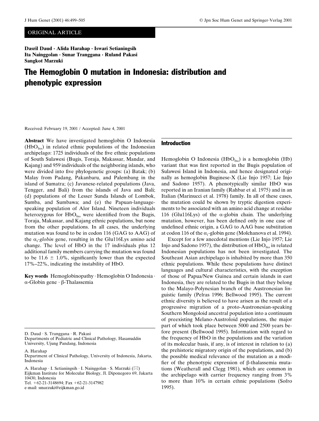 The Hemoglobin O Mutation in Indonesia: Distribution and Phenotypic Expression