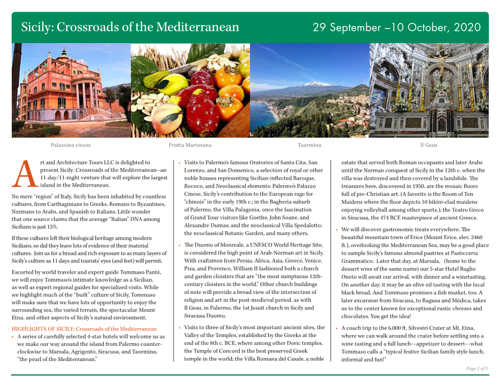 Sicily: Crossroads of the Mediterranean 29 September –10 October, 2020