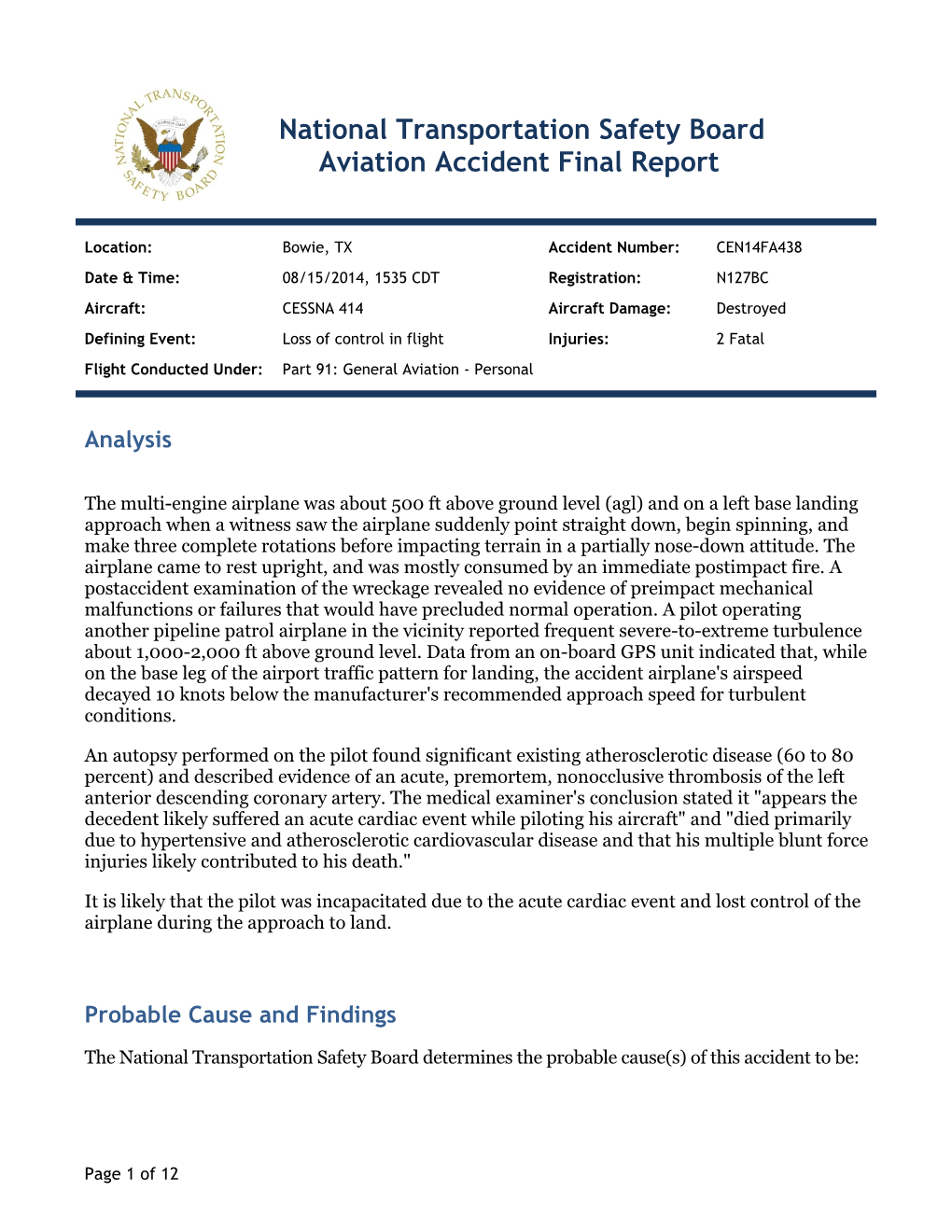 National Transportation Safety Board Aviation Accident Final Report