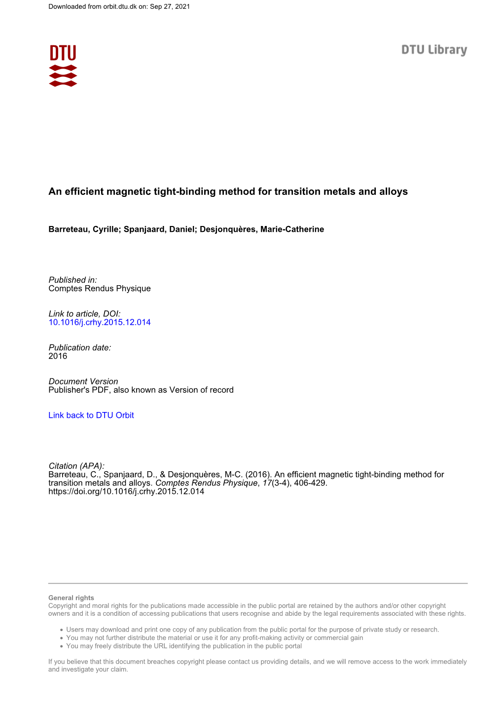 An Efficient Magnetic Tight-Binding Method for Transition Metals and Alloys