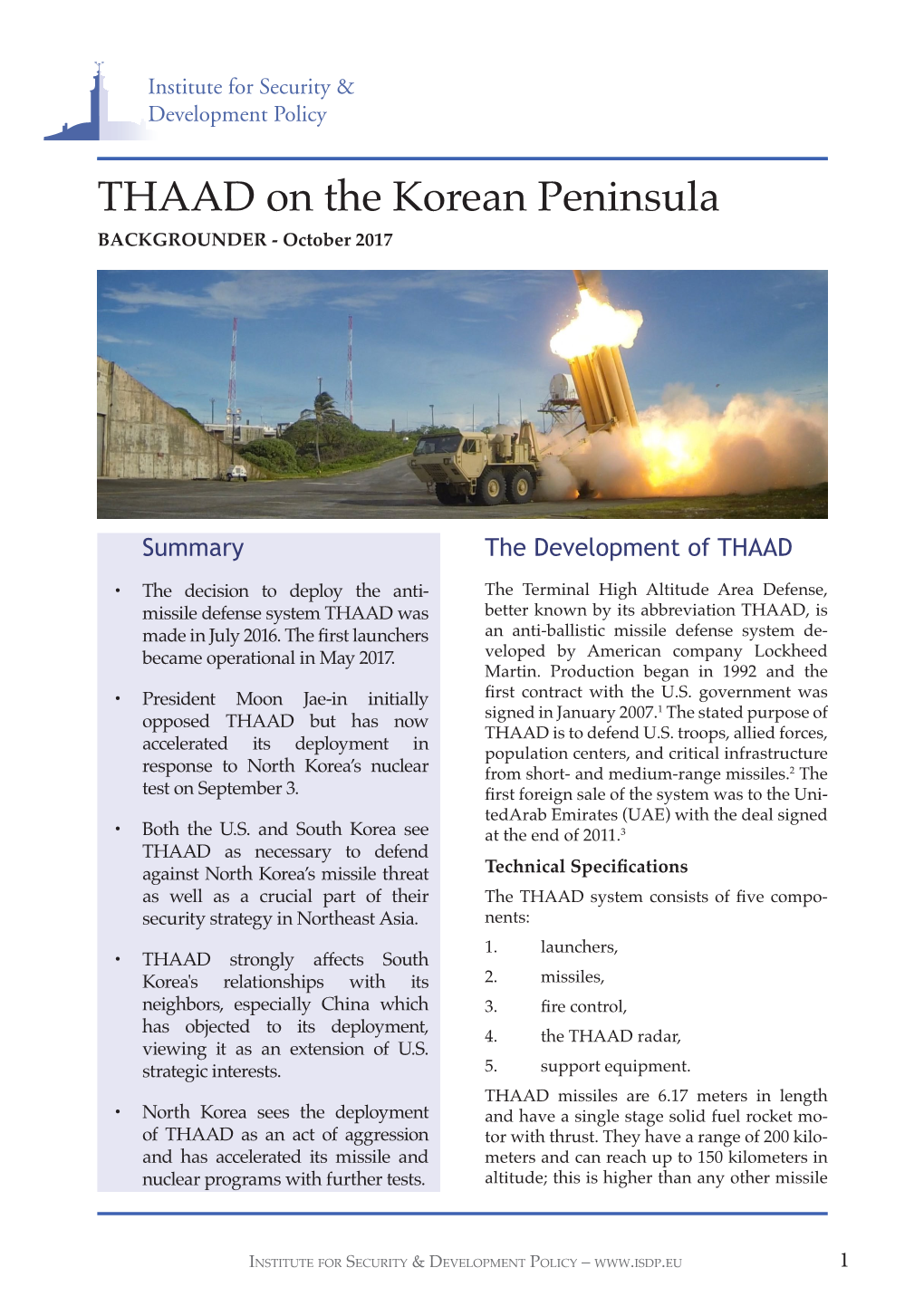 THAAD on the Korean Peninsula BACKGROUNDER - October 2017