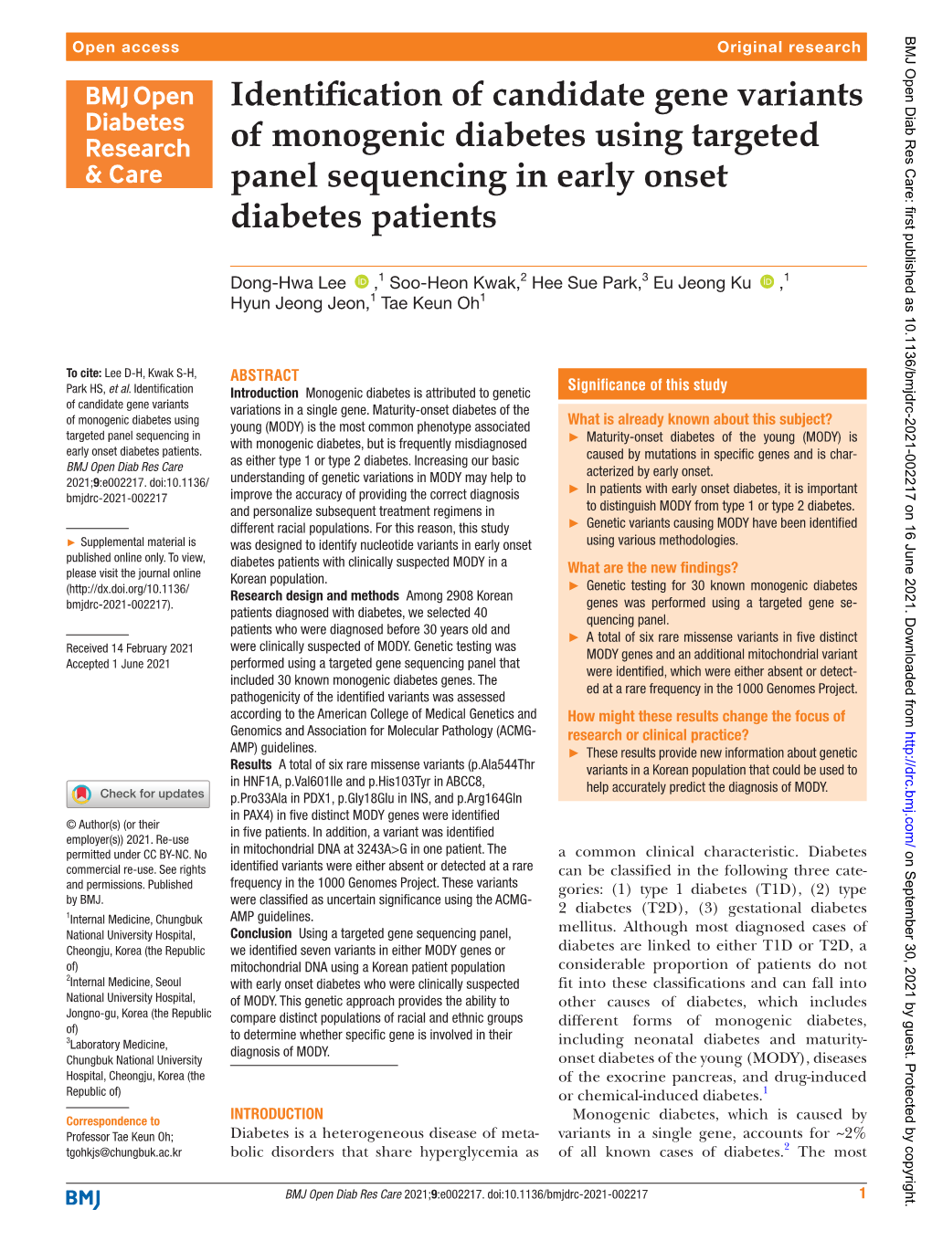 Identification of Candidate Gene Variants of Monogenic Diabetes Using Targeted Panel Sequencing in Early Onset Diabetes Patients