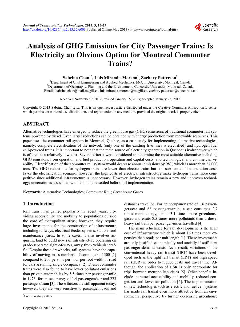 Analysis of GHG Emissions for City Passenger Trains: Is Electricity an Obvious Option for Montreal Commuter Trains?