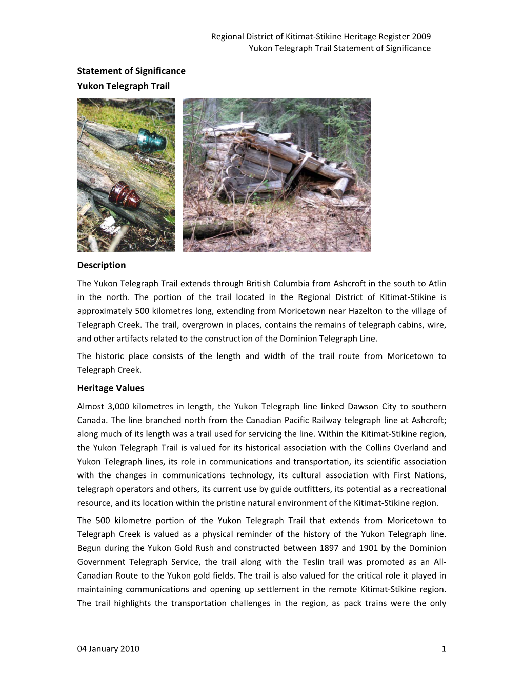 Statement of Significance Yukon Telegraph Trail Description