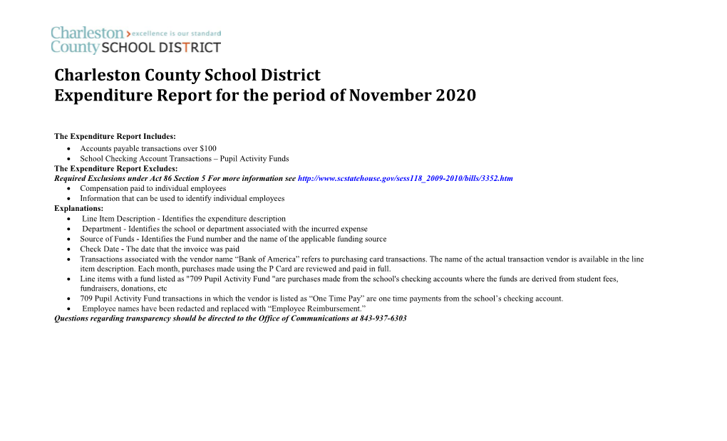 Charleston County School District Expenditure Report for the Period of November 2020