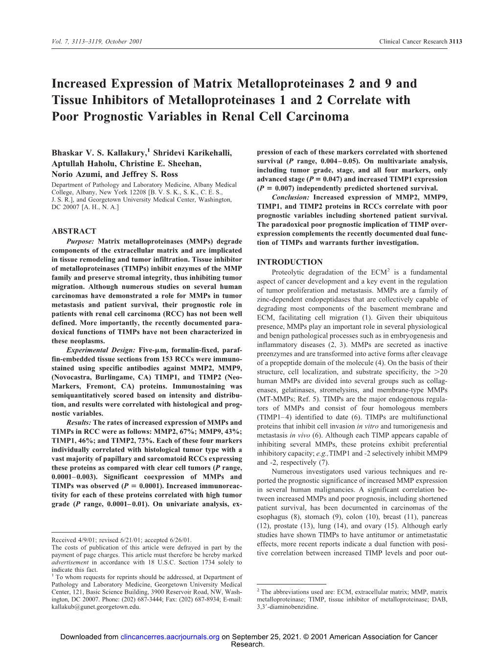 Increased Expression of Matrix Metalloproteinases 2 and 9 and Tissue Inhibitors of Metalloproteinases 1 and 2 Correlate With