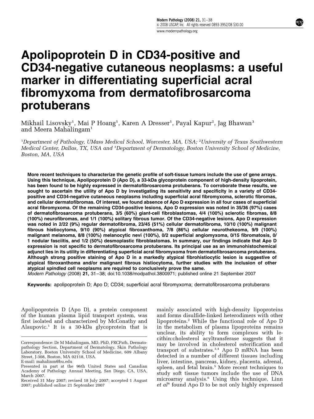 Apolipoprotein D in CD34-Positive and CD34-Negative