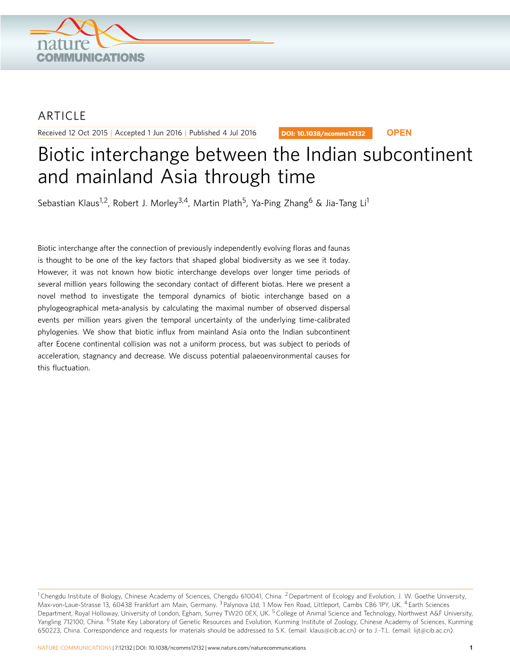 Biotic Interchange Between the Indian Subcontinent and Mainland Asia Through Time