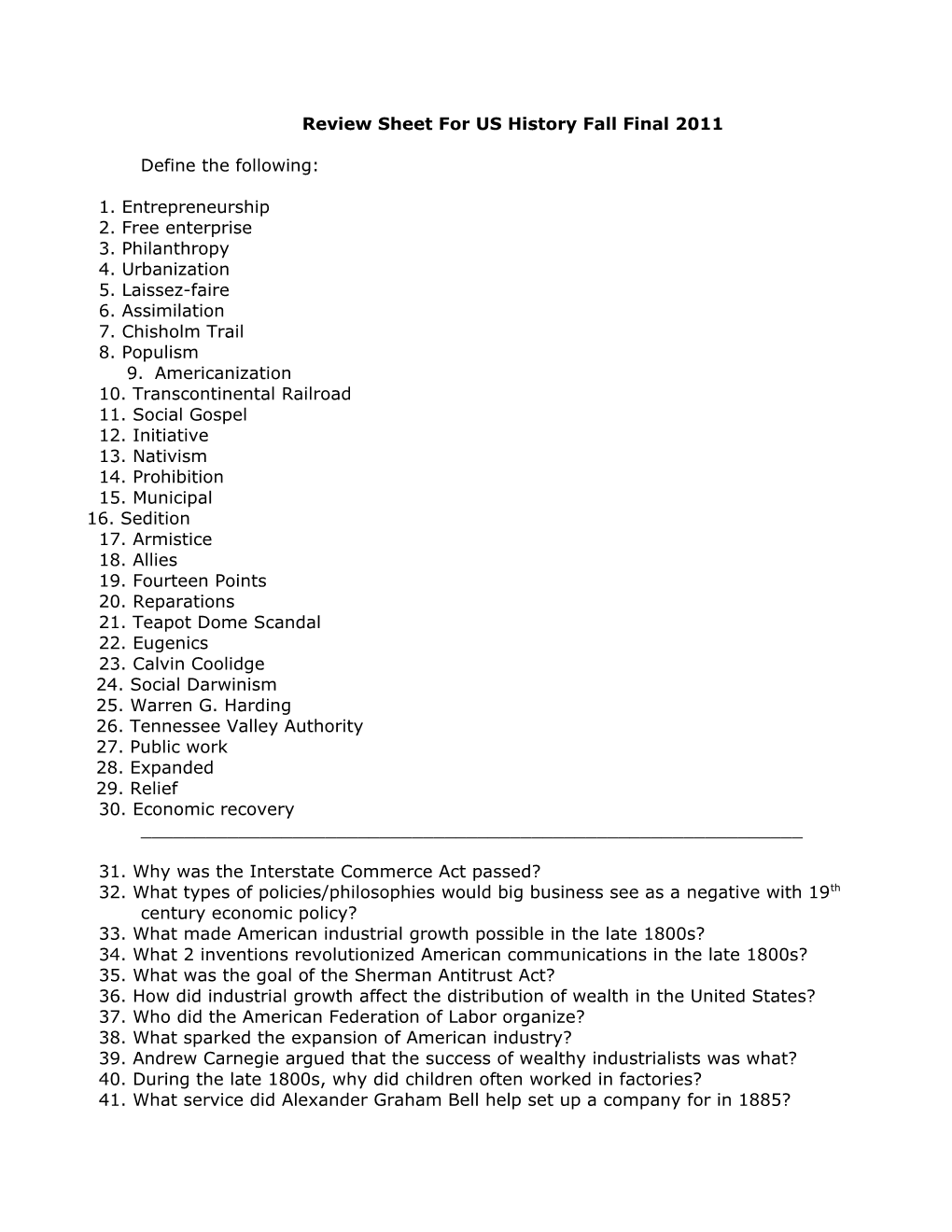 Review Sheet for US History Fall Final 2011