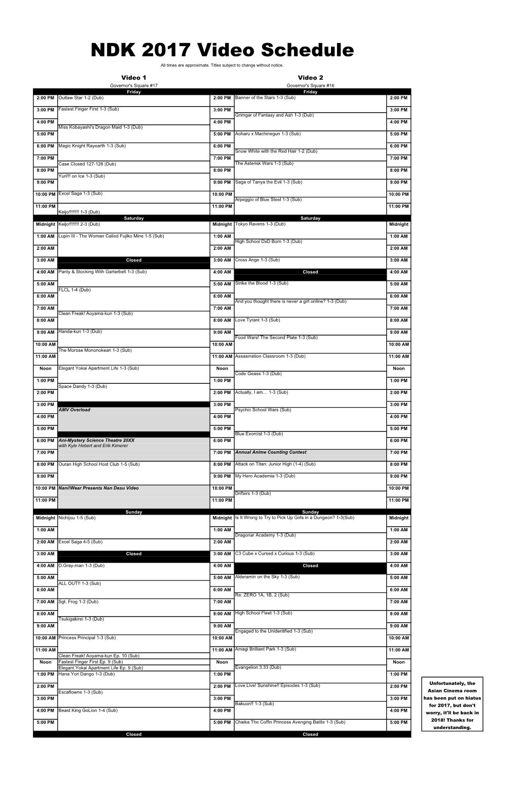 NDK 2017 Video Schedule All Times Are Approximate