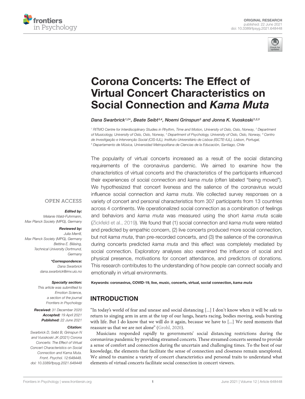 Corona Concerts: the Effect of Virtual Concert Characteristics on Social Connection and Kama Muta