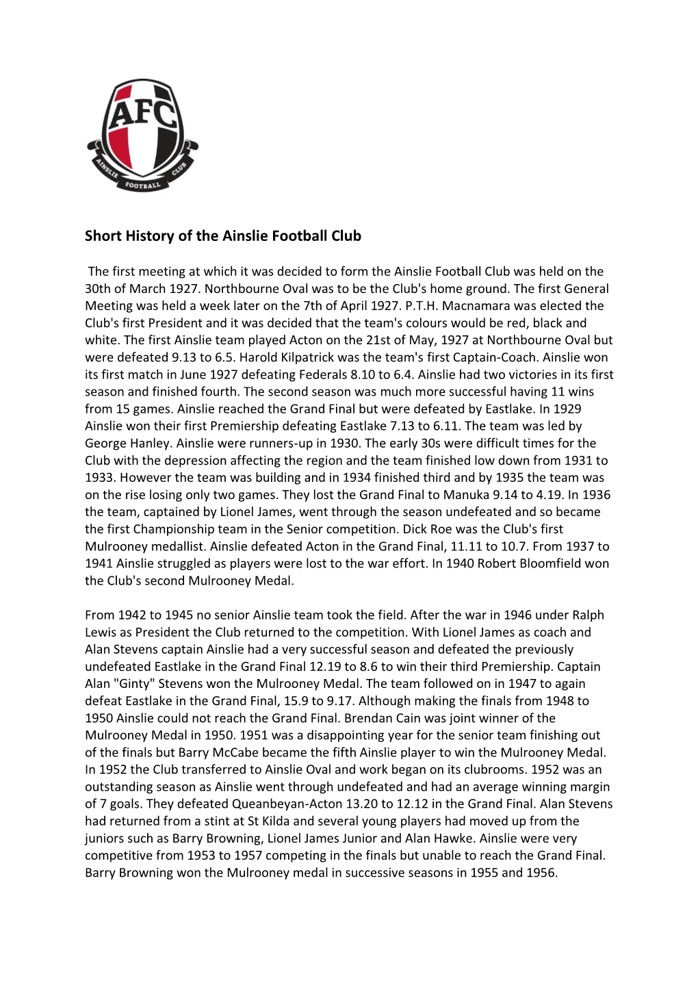 Short History of the Ainslie Football Club