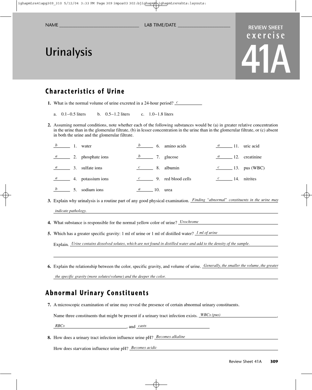 Urinalysis 41A Characteristics of Urine