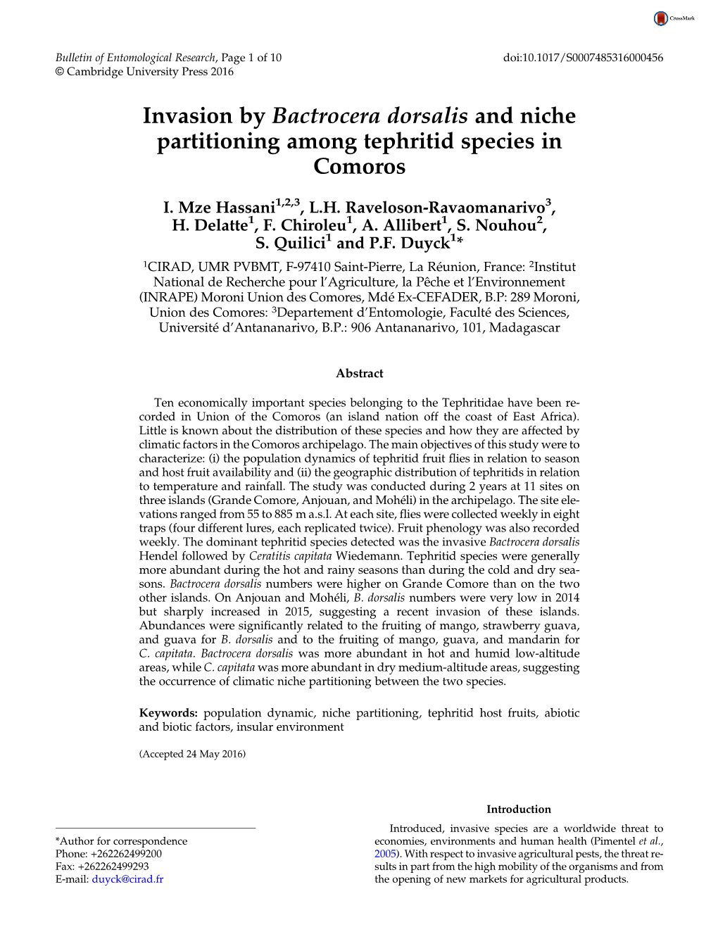 Bactrocera Dorsalis and Niche Partitioning Among Tephritid Species in Comoros