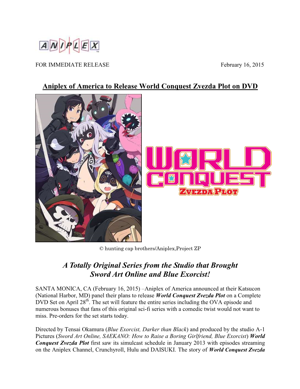 Aniplex of America to Release World Conquest Zvezda Plot on DVD