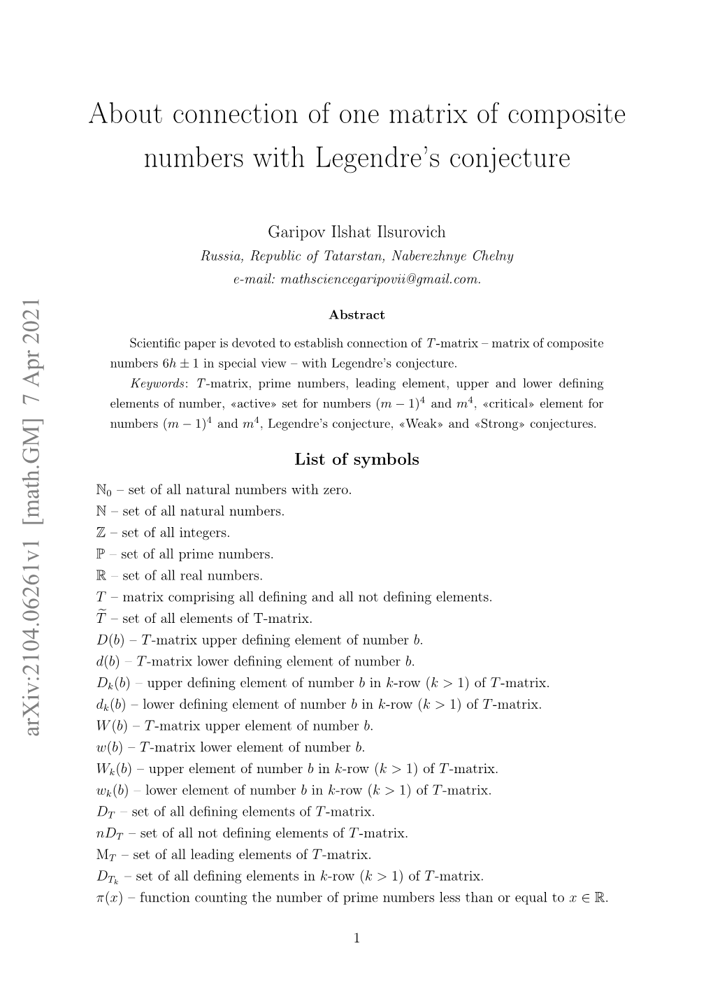 About Connection of One Matrix of Composite Numbers with Legendre's Conjecture