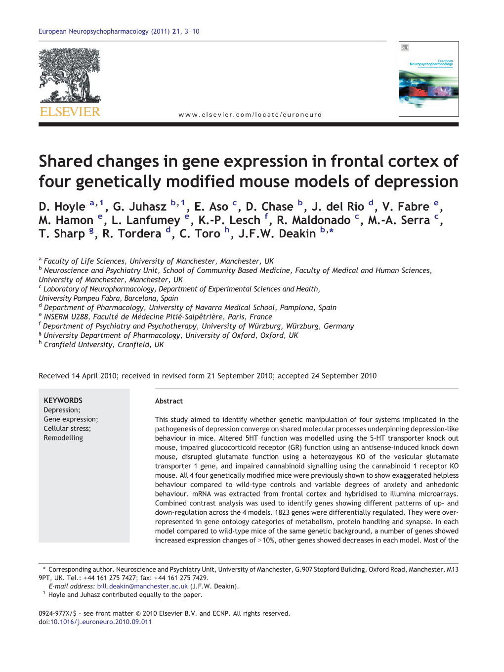Shared Changes in Gene Expression in Frontal Cortex of Four Genetically Modified Mouse Models of Depression D