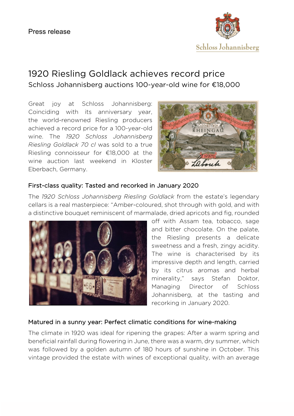 1920 Riesling Goldlack Achieves Record Price Schloss Johannisberg Auctions 100-Year-Old Wine for €18,000
