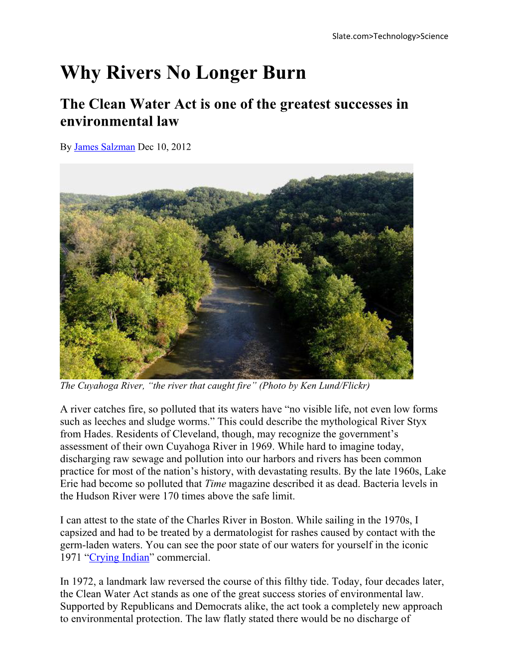 Why Rivers No Longer Burn the Clean Water Act Is One of the Greatest Successes in Environmental Law