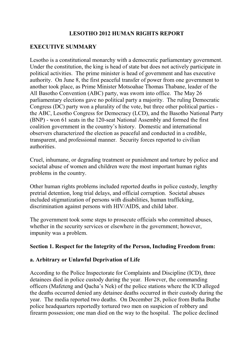Lesotho 2012 Human Rights Report