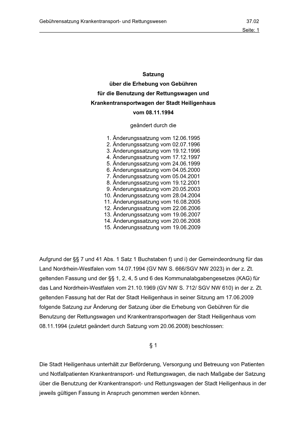 Gebührensatzung Krankentransport- Und Rettungswesen 37.02 Seite: 1